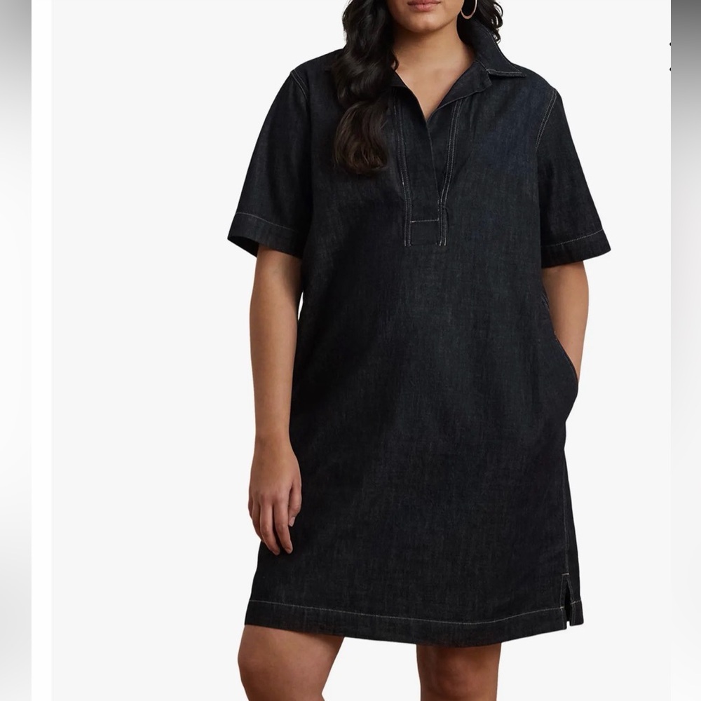 Lauren Ralph Lauren Denim Shift Dress With Point Collar Dark Wash Size 1X